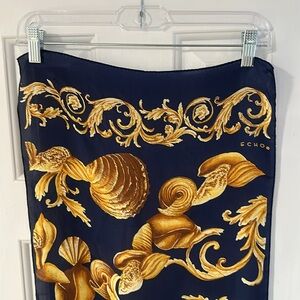 100% Silk Scarf by Echo Navy and Gold Baroque Pattern Seashells Shells 56x14